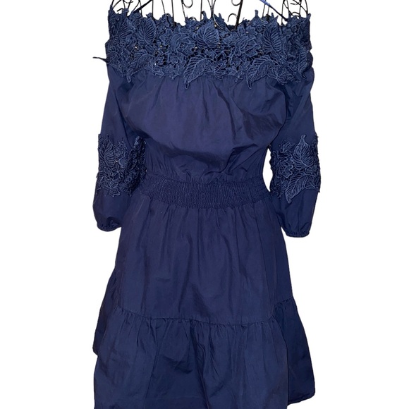 Navy Blue Off-Shoulder Cotton  Dress - Picture 2 of 6